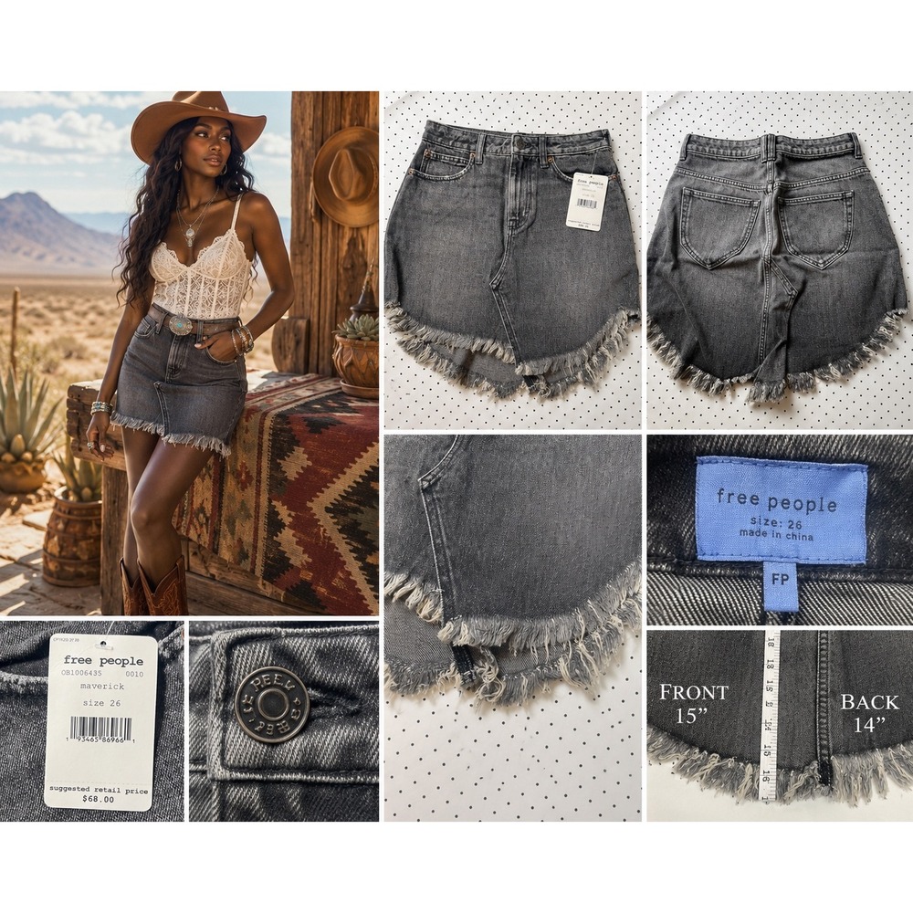Free People Maverick Denim Mini Skirt Grey Frayed Hem OB1006435 Size 26 NWT